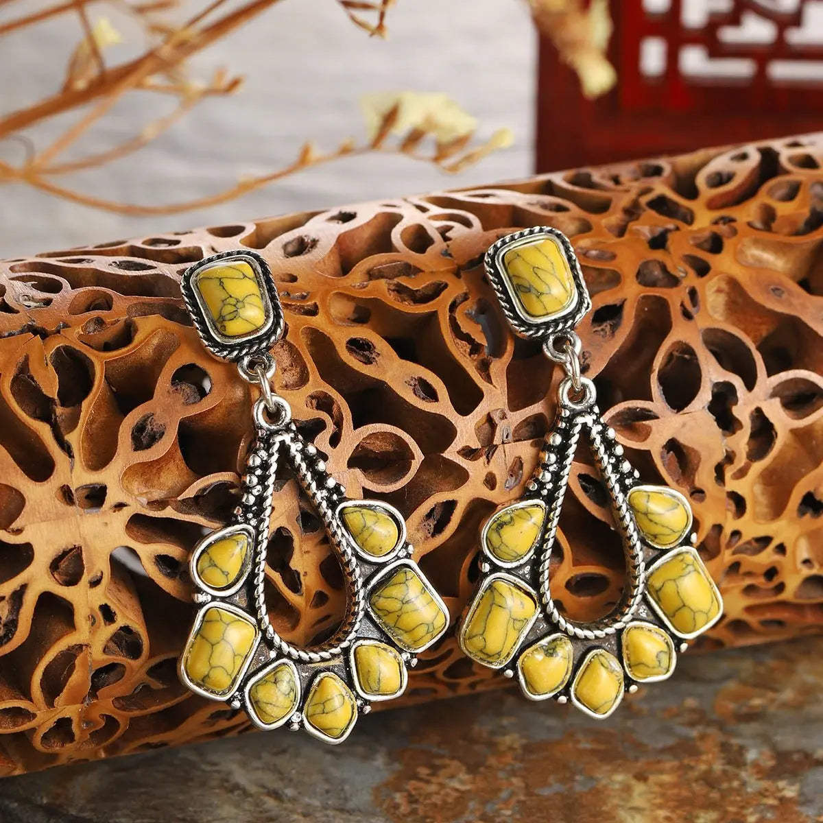 Turquoise Earrings Ancient Silver Yellow Earrings-Jewearrings