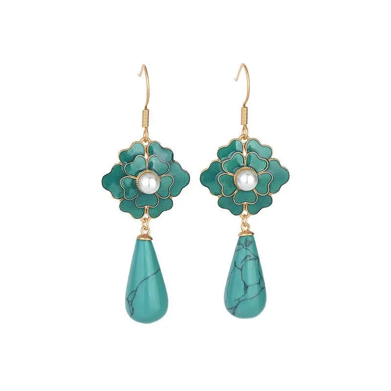 Turquoise Earrings Camellia Pearl Vintage-Jewearrings