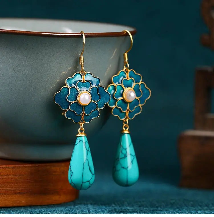 Turquoise Earrings Camellia Pearl Vintage-Jewearrings