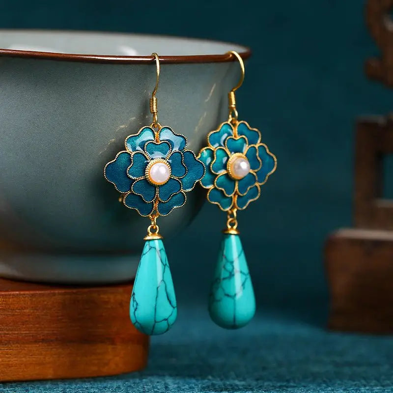 Turquoise Earrings Camellia Pearl Vintage-Jewearrings