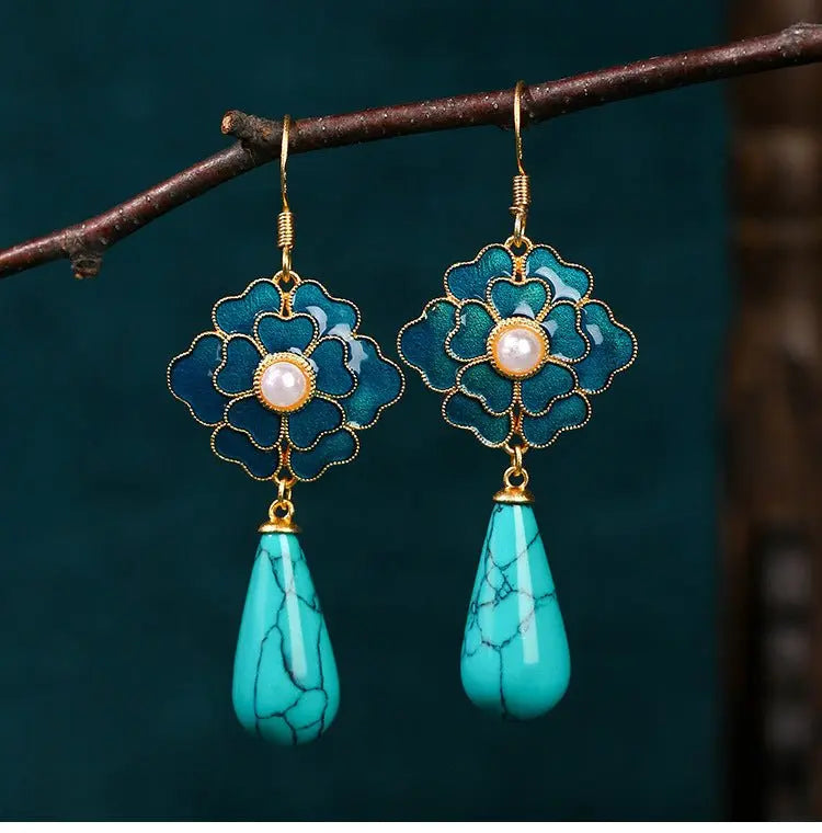 Turquoise Earrings Camellia Pearl Vintage-Jewearrings