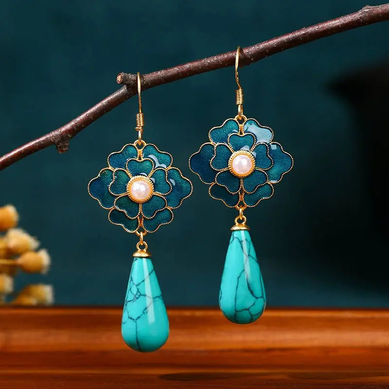 Turquoise Earrings Camellia Pearl Vintage-Jewearrings