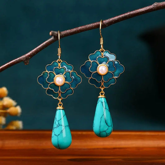 Turquoise Earrings Camellia Pearl Vintage-Jewearrings