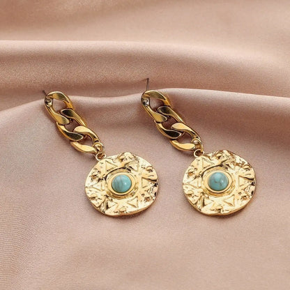 Turquoise Earrings Chain Coin Gold Sun-Jewearrings