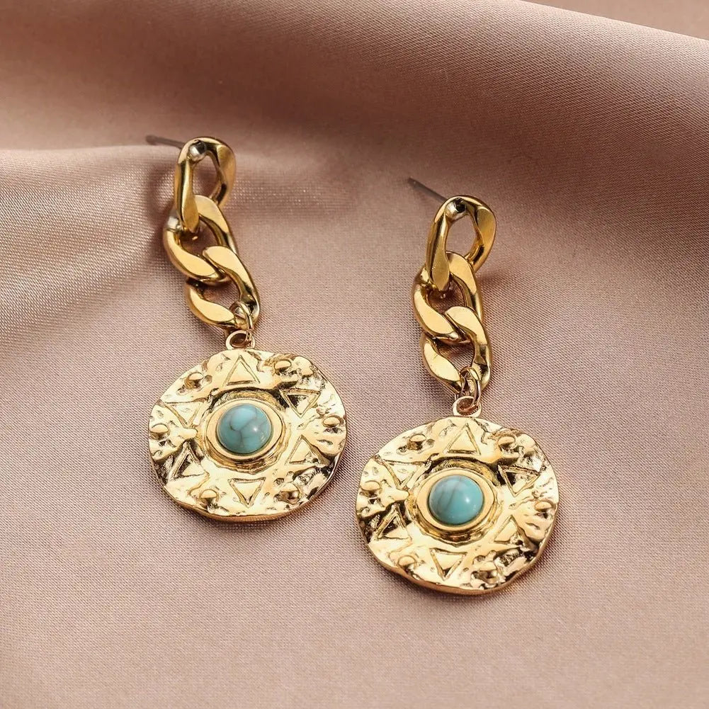 Turquoise Earrings Chain Coin Gold Sun-Jewearrings