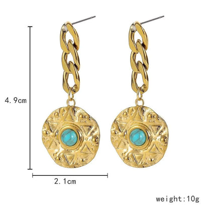 Turquoise Earrings Chain Coin Gold Sun-Jewearrings