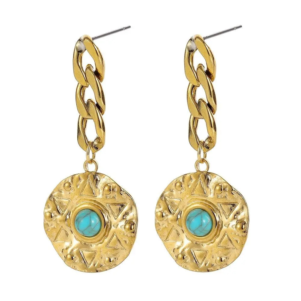 Turquoise Earrings Chain Coin Gold Sun-Jewearrings