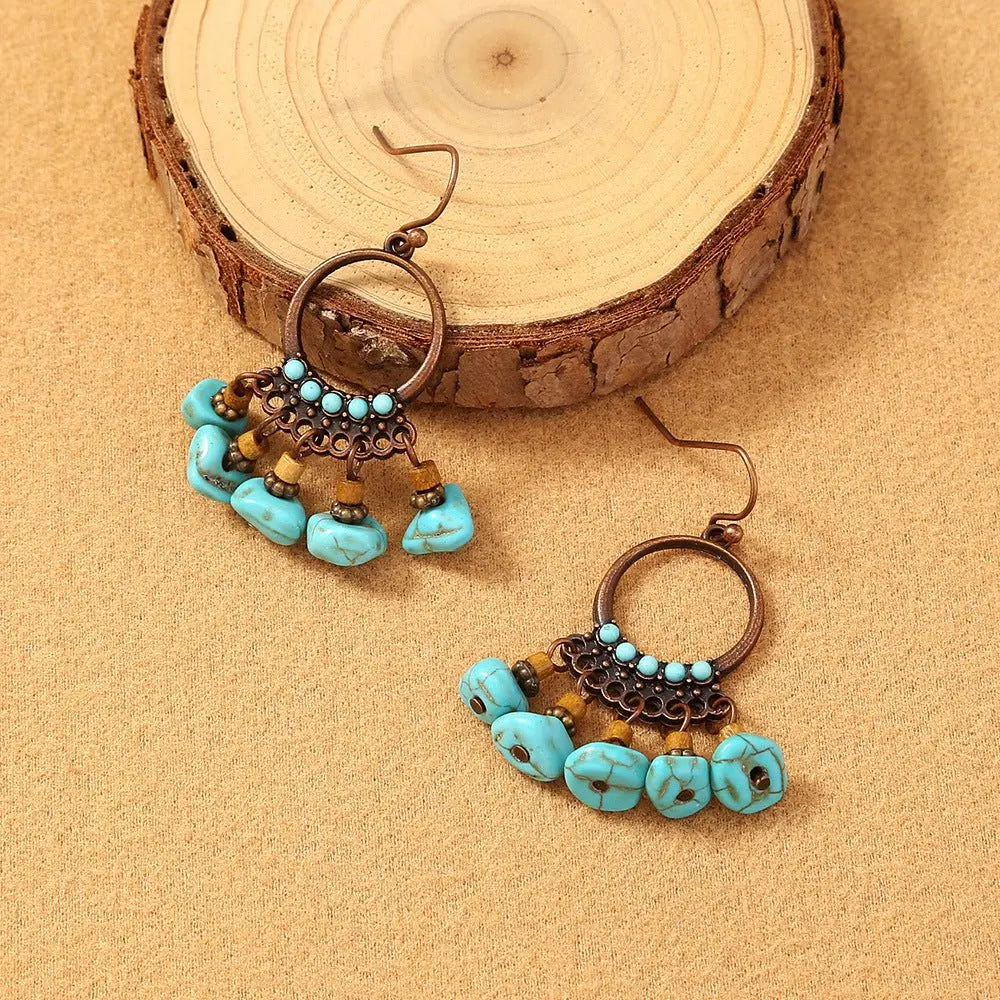 Turquoise Earrings Circle Pendant Tassel-Jewearrings