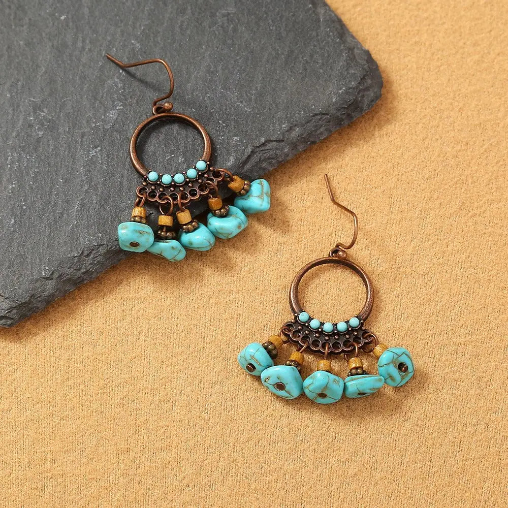 Turquoise Earrings Circle Pendant Tassel-Jewearrings