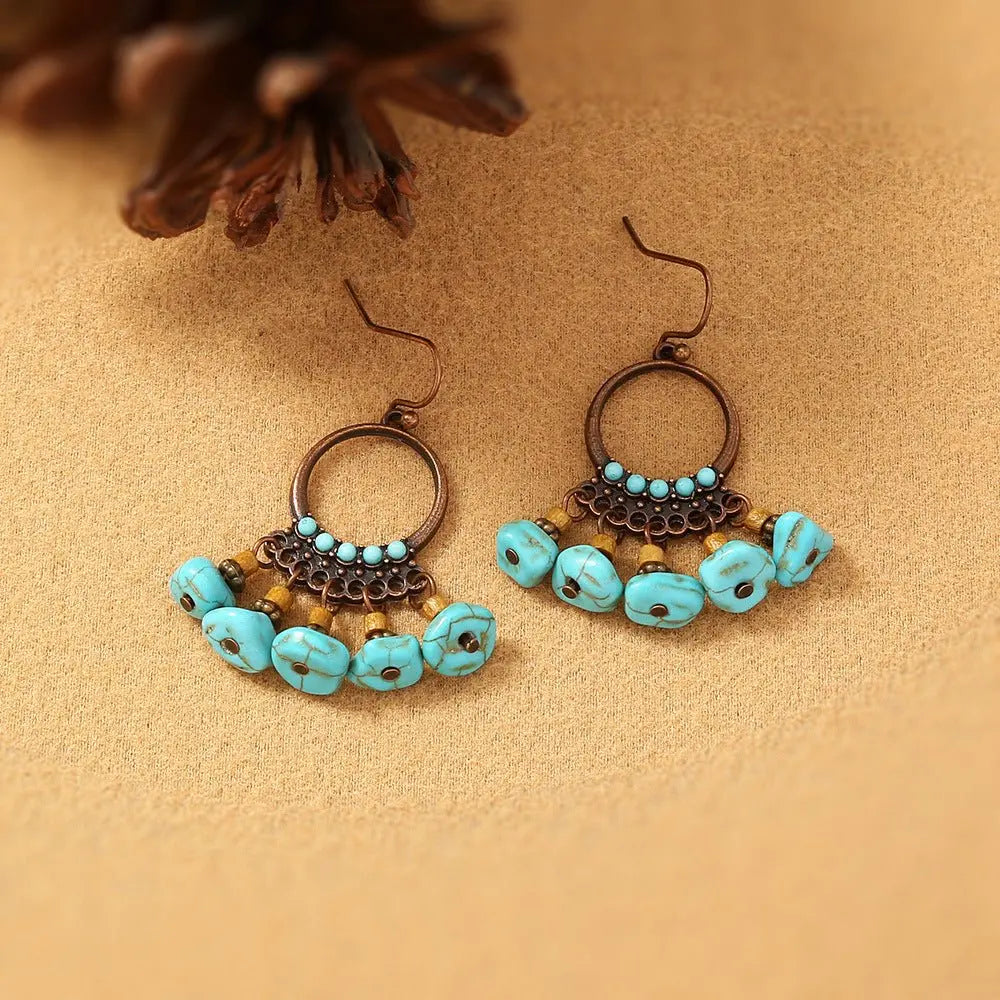 Turquoise Earrings Circle Pendant Tassel-Jewearrings