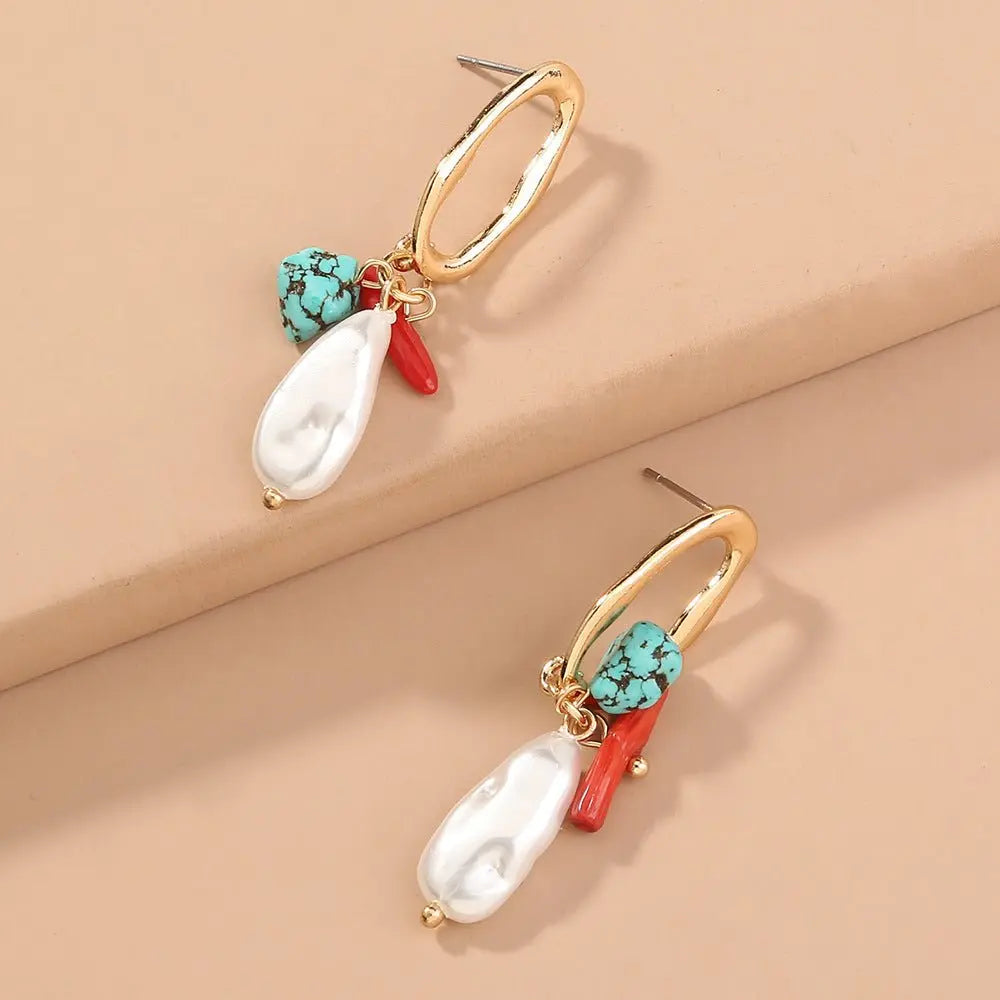 Turquoise Earrings Oval Cut-Out Coral Earrings-Jewearrings