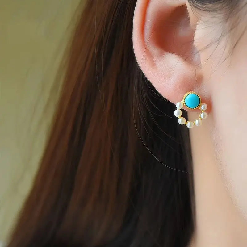 Turquoise Earrings Pearl Circle Studs-Jewearrings