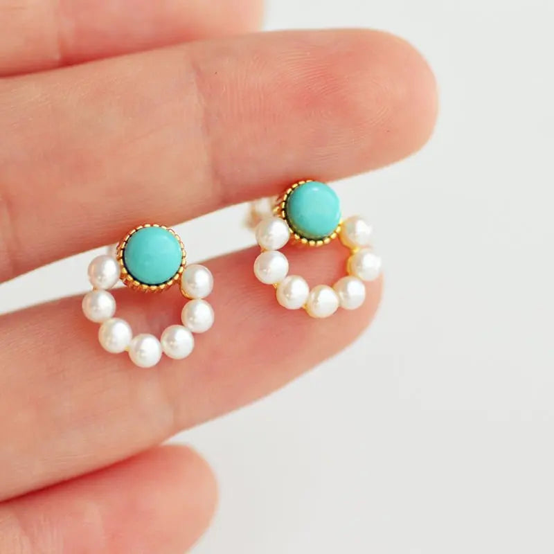 Turquoise Earrings Pearl Circle Studs-Jewearrings