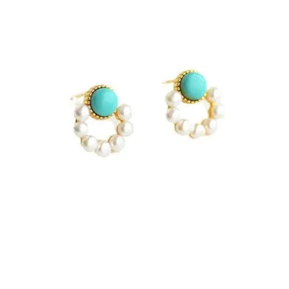 Turquoise Earrings Pearl Circle Studs-Jewearrings