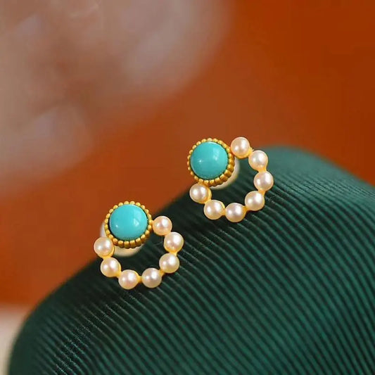 Turquoise Earrings Pearl Circle Studs-Jewearrings