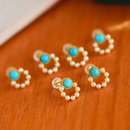 Turquoise Earrings Pearl Circle Studs-Jewearrings