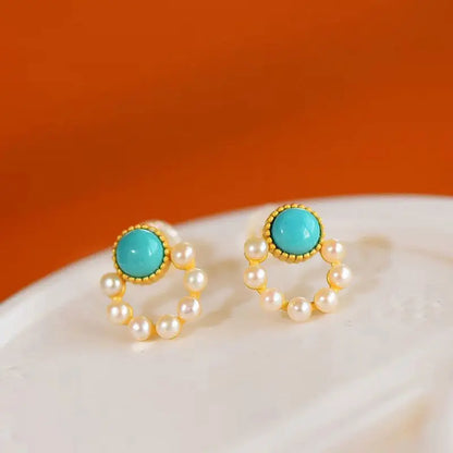 Turquoise Earrings Pearl Circle Studs-Jewearrings