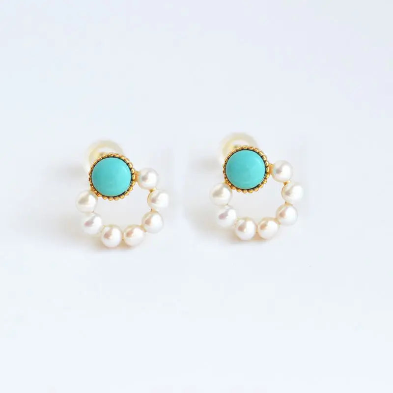 Turquoise Earrings Pearl Circle Studs-Jewearrings