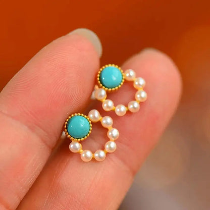 Turquoise Earrings Pearl Circle Studs-Jewearrings