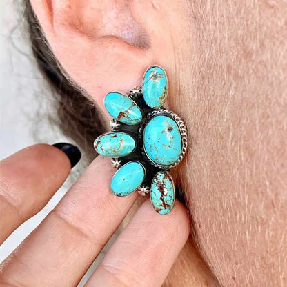 Turquoise Earrings Retro Geometric Flowers Earrings-Jewearrings