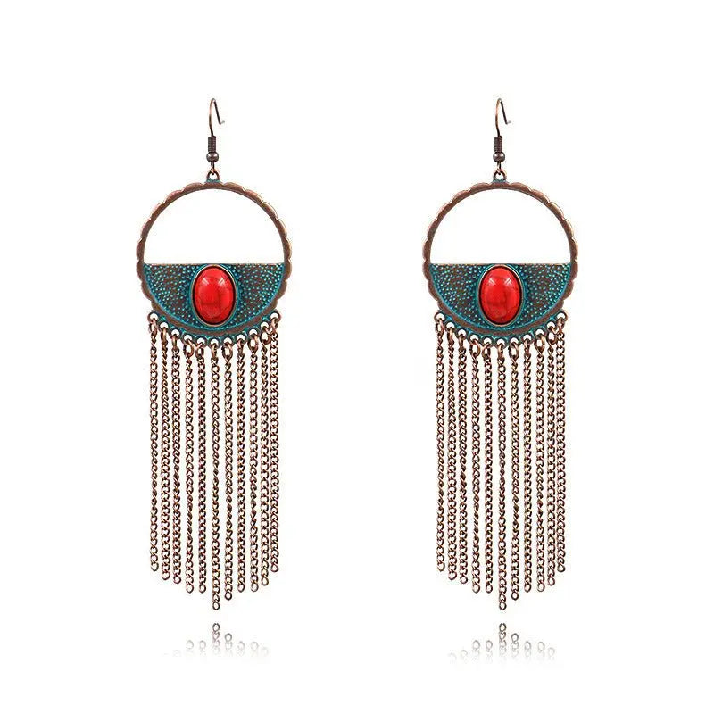 Turquoise Earrings Vintage Round Alloy Tassel-Jewearrings