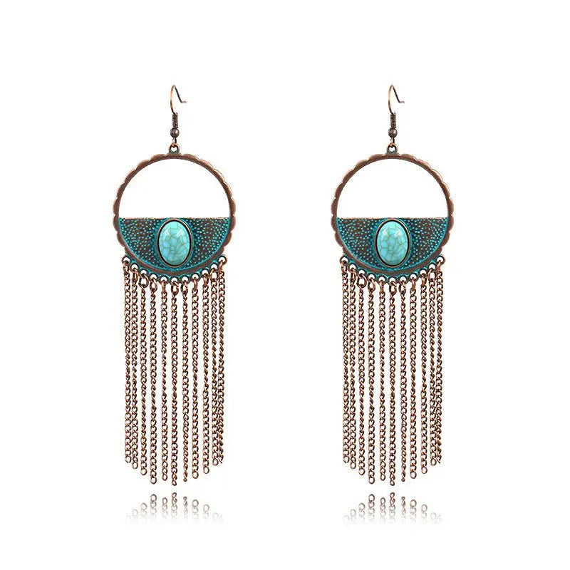 Turquoise Earrings Vintage Round Alloy Tassel-Jewearrings