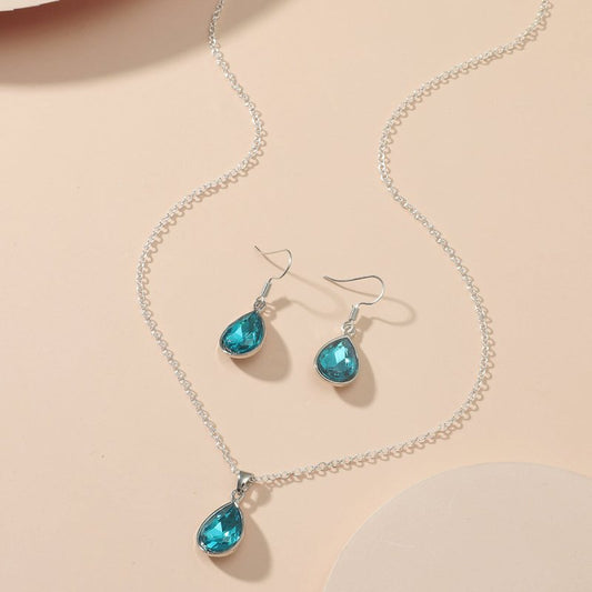 Two-piece Set Of Printed Rhinestone Blue Necklace And Earrings-Jewearrings