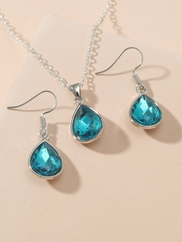 Two-piece Set Of Printed Rhinestone Blue Necklace And Earrings-Jewearrings