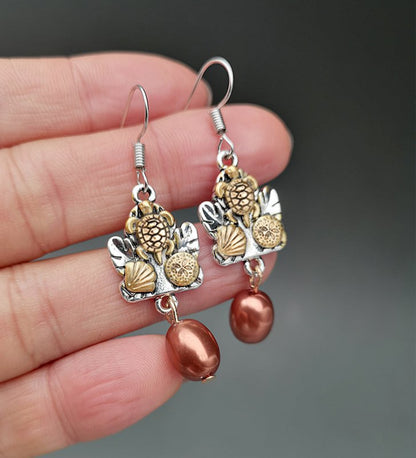 Two-tone Gold Tortoise Flower Shell Earrings-Jewearrings