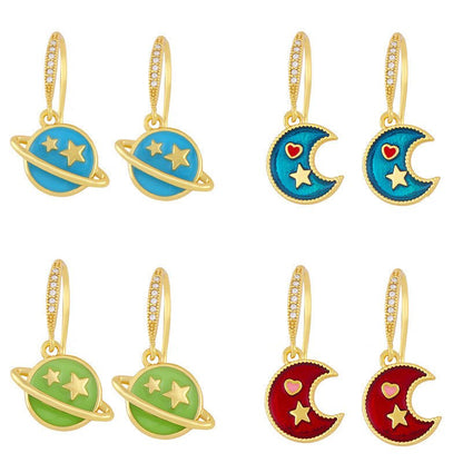 Universe Star Moon Earrings Creative Personality Drop Oil Diamond Simple Jewelry-Jewearrings