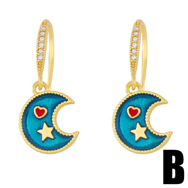 Universe Star Moon Earrings Creative Personality Drop Oil Diamond Simple Jewelry-Jewearrings