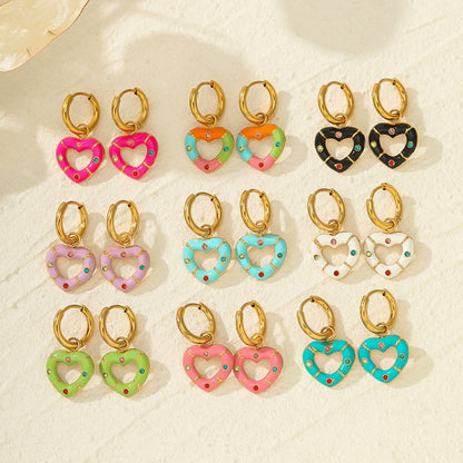 Versatile Multi-color Drip Oil Diamond Love Heart Earrings-Jewearrings