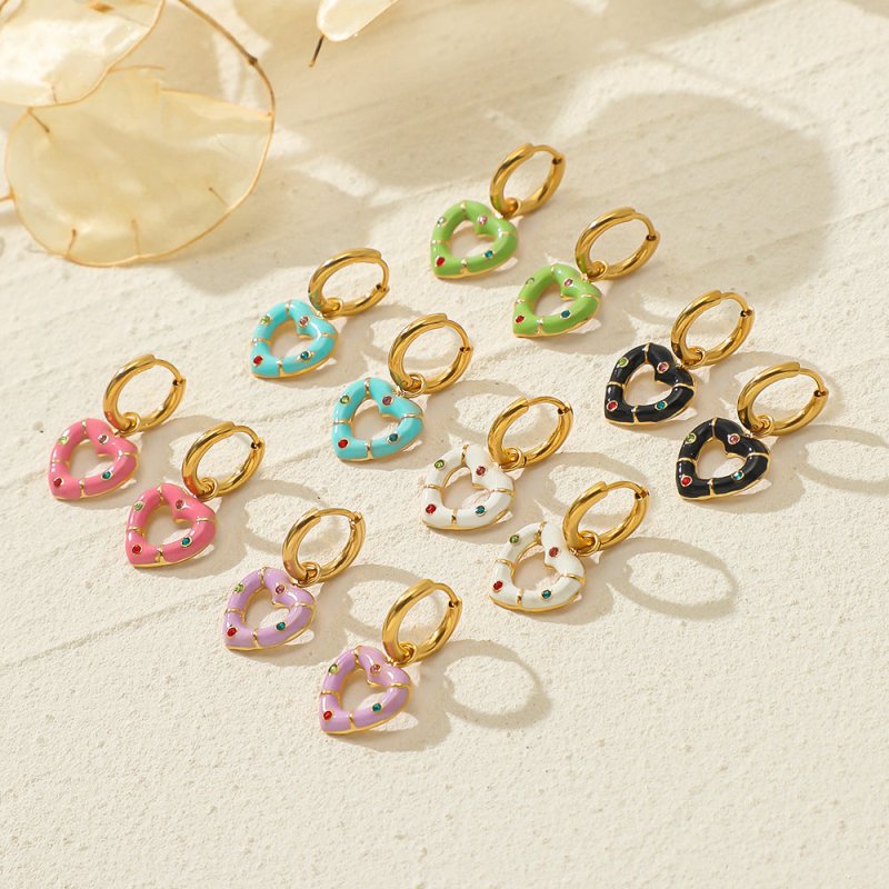 Versatile Multi-color Drip Oil Diamond Love Heart Earrings-Jewearrings