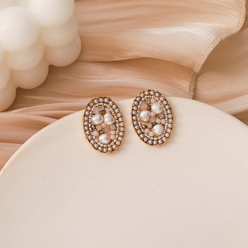 Vintage Baroque Atmospheric Temperament Oval Pearl Crystal Stud Earrings-Jewearrings