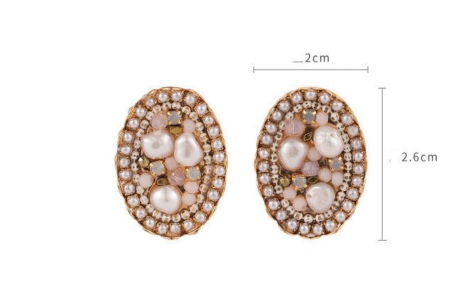 Vintage Baroque Atmospheric Temperament Oval Pearl Crystal Stud Earrings-Jewearrings