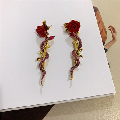 Vintage Big Red Rose Wrap Diamond Snake Body Earrings-Jewearrings