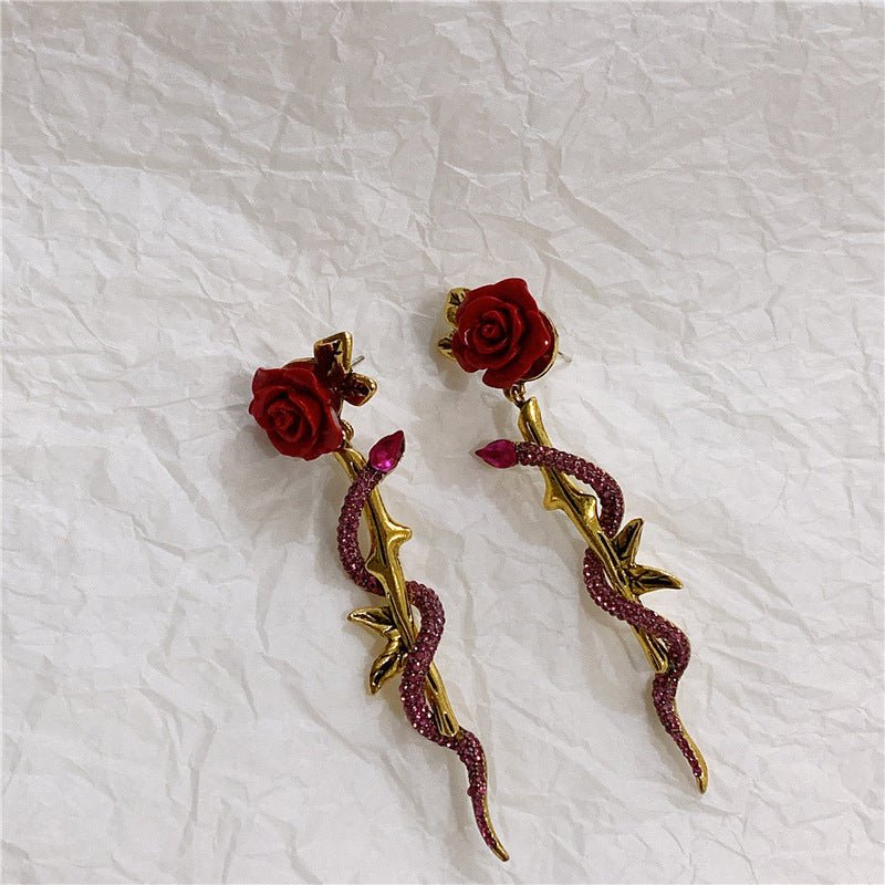 Vintage Big Red Rose Wrap Diamond Snake Body Earrings-Jewearrings