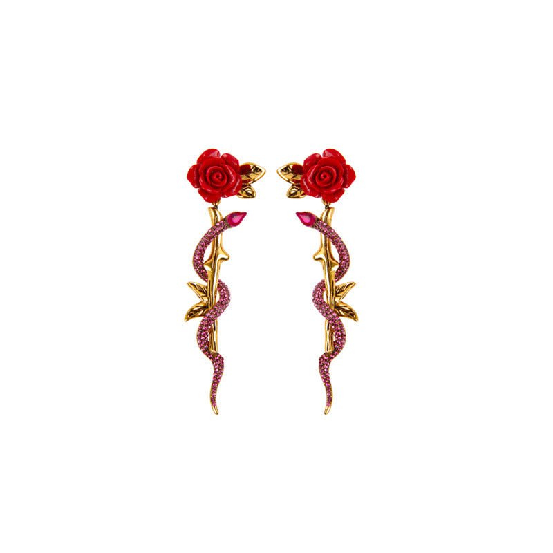 Vintage Big Red Rose Wrap Diamond Snake Body Earrings-Jewearrings