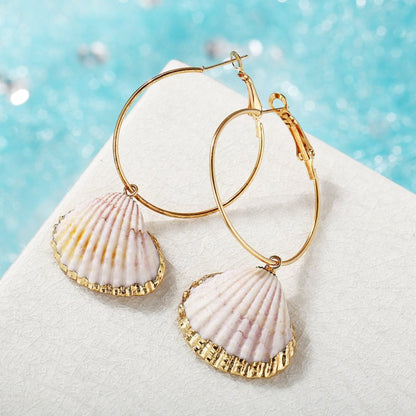 Vintage Circle Inlaid Gold Rim Scallop Earrings Shell Earrings-Jewearrings