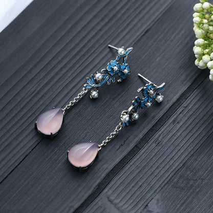 Vintage Craft Cloisonne Enamel Glaze Burnt Blue Pearl Natural Violet Chalcedony Earrings-Jewearrings