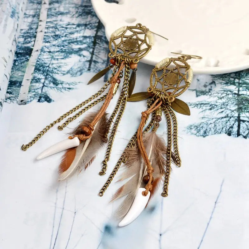 Vintage Dreamcatcher Feather Earrings-Jewearrings