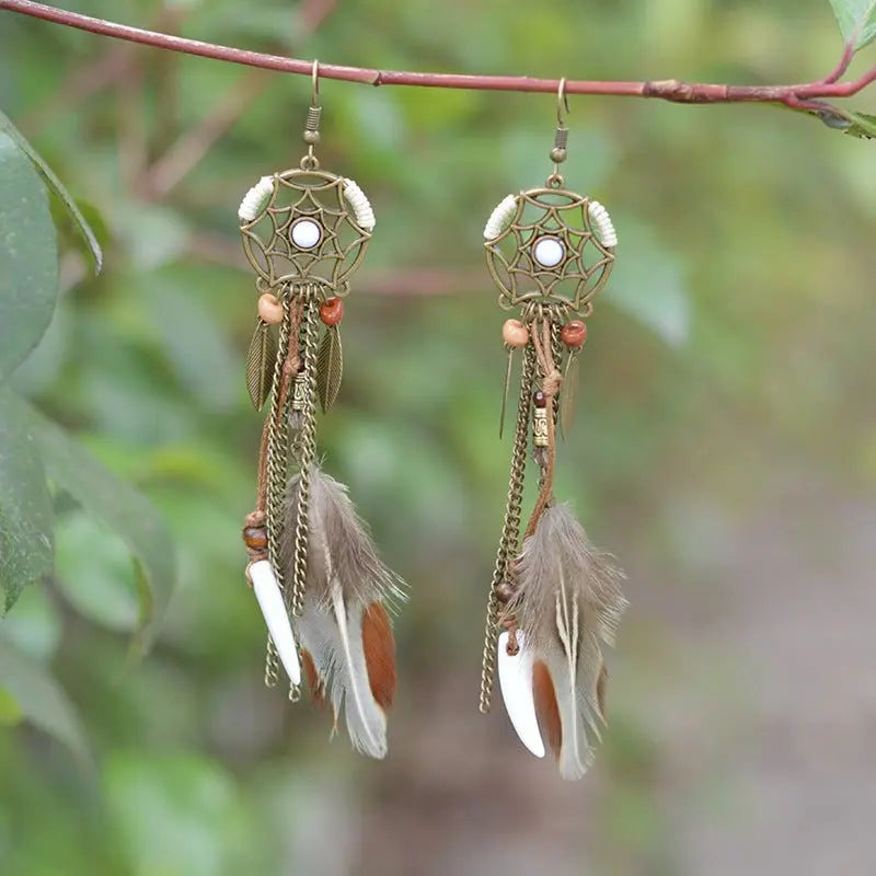 Vintage Dreamcatcher Feather Earrings-Jewearrings