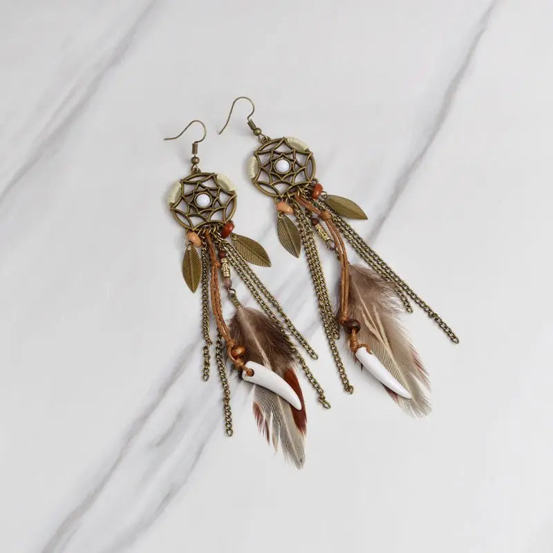 Vintage Dreamcatcher Feather Earrings-Jewearrings