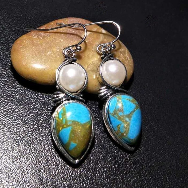 Vintage ethnic water drop blue stone earrings-Jewearrings