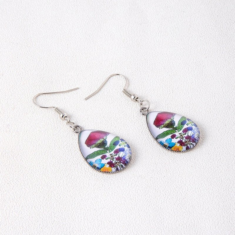 Vintage Fashion Roses Sunflower Dangle Earrings Red Blue Flowers Glass Earrings-Jewearrings