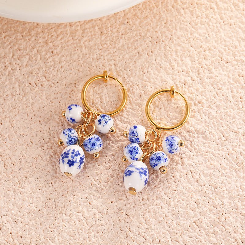 Vintage Hand Painted Blue And White Ceramic Beaded Earrings-Jewearrings