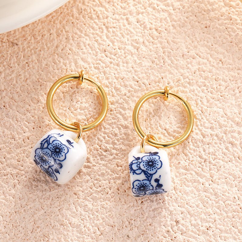 Vintage Hand Painted Blue And White Ceramic Beaded Earrings-Jewearrings