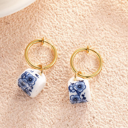 Vintage Hand Painted Blue And White Ceramic Beaded Earrings-Jewearrings