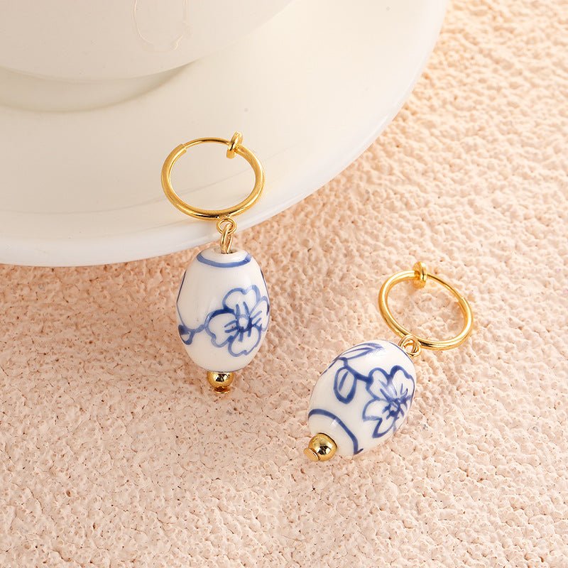 Vintage Hand Painted Blue And White Ceramic Beaded Earrings-Jewearrings