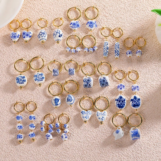 Vintage Hand Painted Blue And White Ceramic Beaded Earrings-Jewearrings